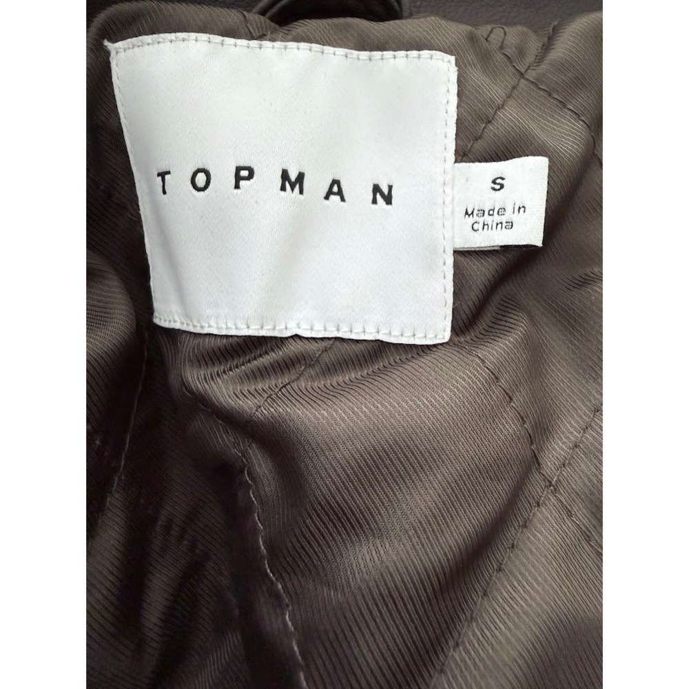 Topman Mens Dark Brown Faux Vegan Leather Trucker Jacket Size S Quilted Lined - Picture 3 of 14